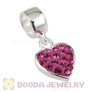 925 Sterling Silver Heart Dangle Charms With Fushia Austrian Crystal Wholesale