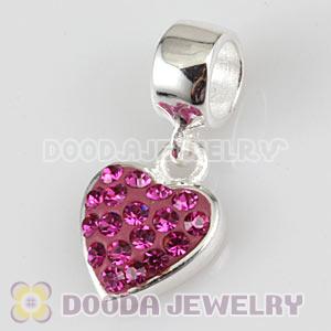 925 Sterling Silver Heart Dangle Charms With Fushia Austrian Crystal Wholesale