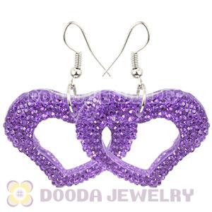 Purple Crystal Heart Basketball Wives Bamboo Hoop Earrings 
