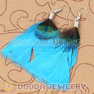 Fashion Cyan Bohemian Feather Earrings With Alloy Fishhook Wholesale