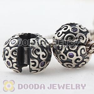 925 Sterling Silver European Fire Clip Beads With Purple CZ Stones