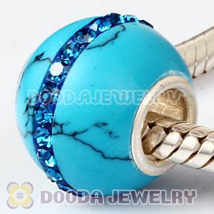 12mm Green Turquoise European Bead With Blue Austrian Crystal In Silver Core 