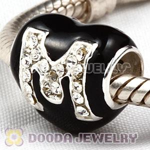 European Sterling Silver Enamel Heart Pave M Charm Bead With Austrian Crystal 