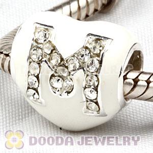 European Sterling Silver Enamel Heart Pave M Charm Bead With Austrian Crystal 