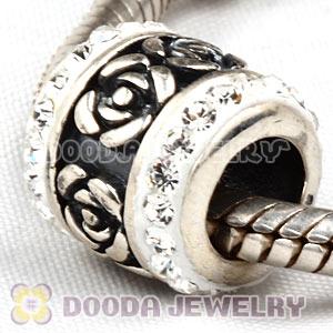 925 Sterling Silver Rose Flower Barrel Bead With Austrian Crystal 