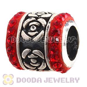 925 Sterling Silver Rose Flower Barrel Bead With Red Austrian Crystal 
