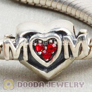 Sterling Silver European MOM Heart Bead with Light Siam Austrian Crystal