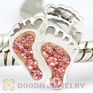 Sterling Silver European Foot Bead With Pink Austrian Crystal 