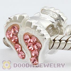 Sterling Silver European Foot Bead With Pink Austrian Crystal 