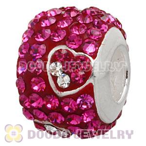 925 Sterling Silver Charm Beads With Heart Fushia Austrian Crystal 