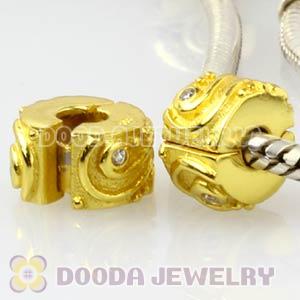 European Style Gold Plated Silver Clip Beads With CZ Stone