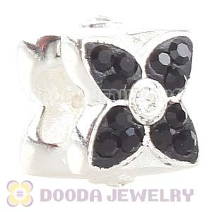 925 Sterling Silver Four Leaf Clover Beads With Black Austrian Crystal 