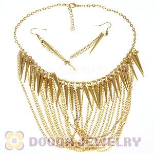 Gold Chains Tassel Spike Choker Bib Necklace Earring Jewelry Set Wholesale