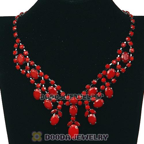 Chunky Multilayer Red Coral Resin Rhinestone Choker Bib Collar Necklace Wholesale