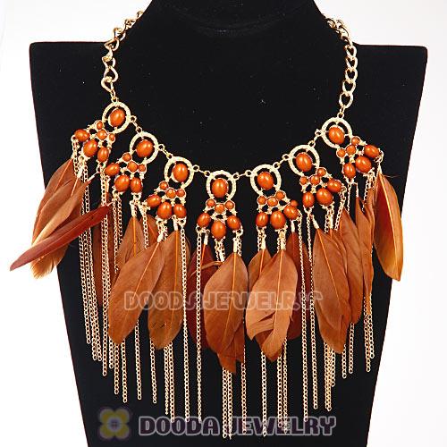 Bohemian Style Golden Chunky Chain Feather Tassel Choker Bib Necklace