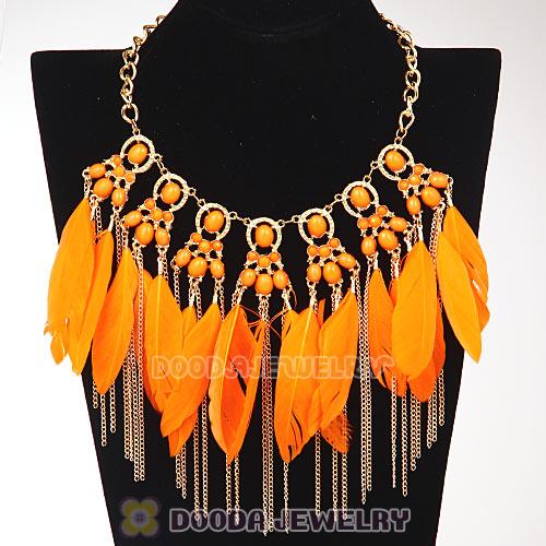 Bohemian Style Golden Chunky Chain Feather Tassel Choker Bib Necklace