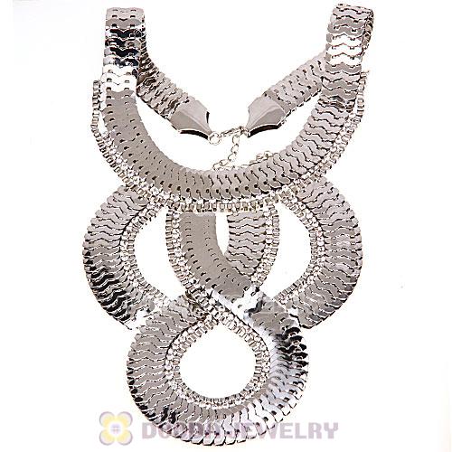 European Chunky Silver Snake Chain Crystal Choker Bib Collar Necklace