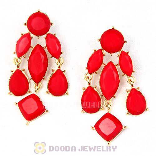 Fashion Gold Plated Drop Red Coral Resin Chandelier Faceted Cascade Earrings Wholesale