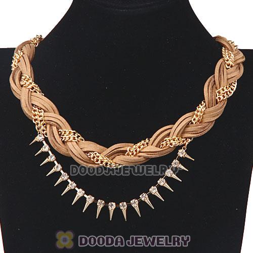 Gold Chain Brown Braided Leather Collar Necklace With Crystal And Rivet Wholesale