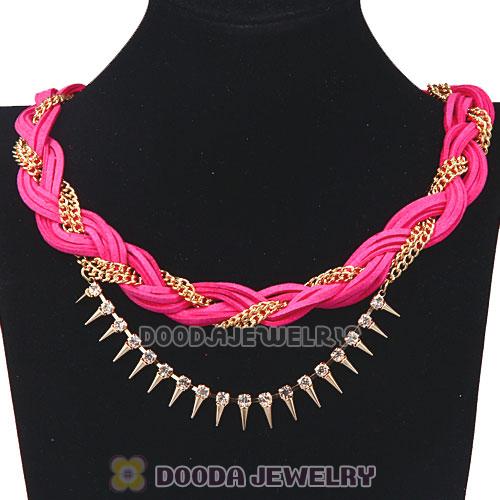 Gold Chain Pink Braided Leather Collar Necklace With Crystal And Rivet Wholesale