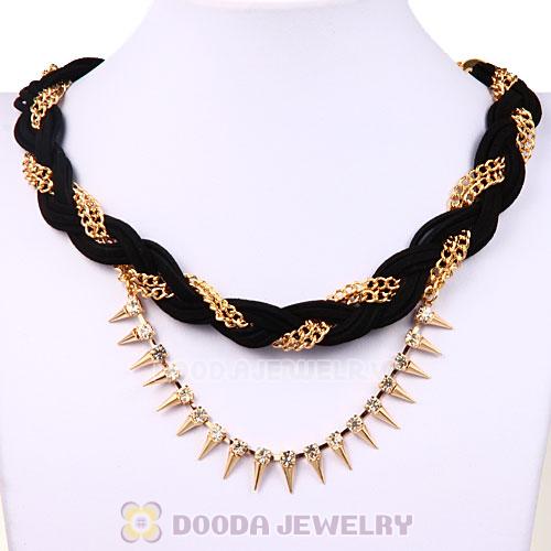 Gold Chain Black Braided Leather Collar Necklace With Crystal And Rivet Wholesale