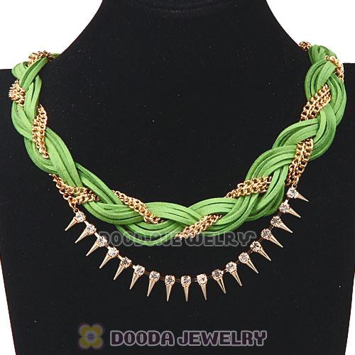 Gold Chain Braided Green Leather Collar Necklace With Crystal And Rivet Wholesale