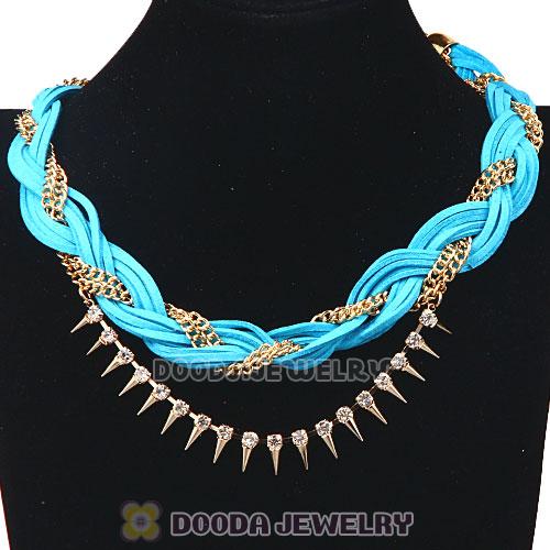 Gold Chain Braided Cyan Leather Collar Necklace With Crystal And Rivet Wholesale