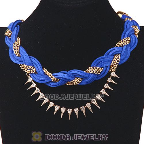 Gold Chain Braided Navy Leather Collar Necklace With Crystal And Rivet Wholesale