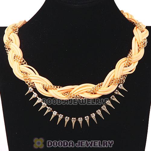 Gold Chain Braided Leather Collar Necklace With Crystal And Rivet Wholesale