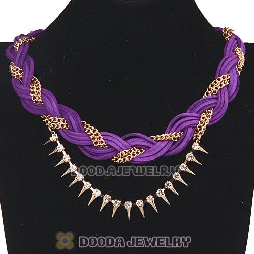 Gold Chain Braided Purple Leather Collar Necklace With Crystal And Rivet Wholesale