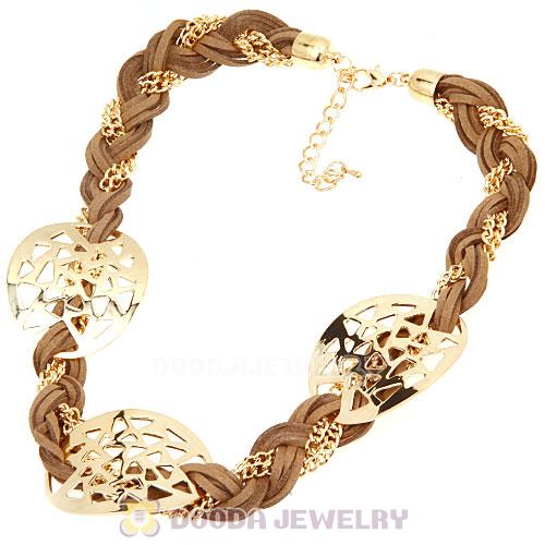 Ladies Gold Chain Brown Braided Leather Collar Necklaces Wholesale