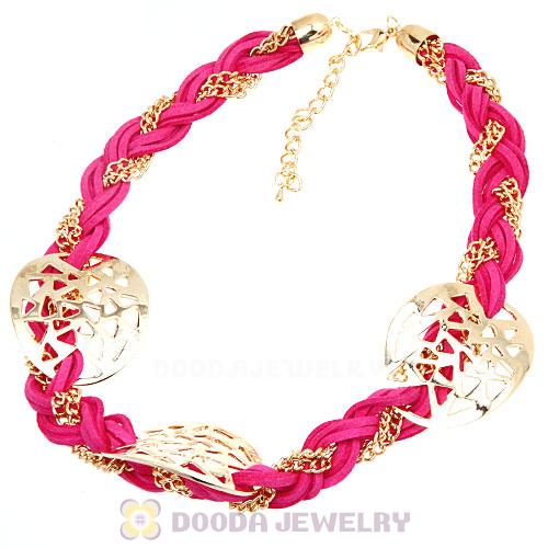 Ladies Gold Chain Pink Braided Leather Collar Necklaces Wholesale