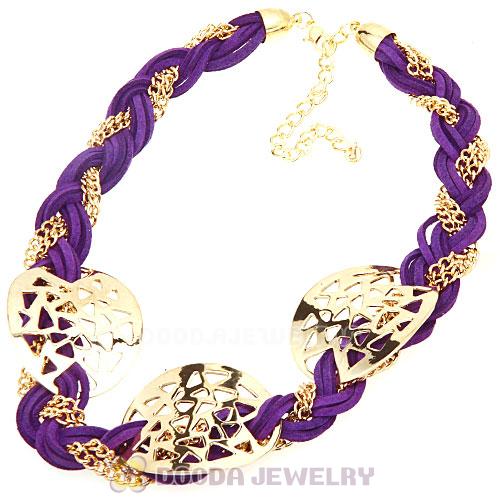 Ladies Gold Chain Purple Braided Leather Collar Necklaces Wholesale