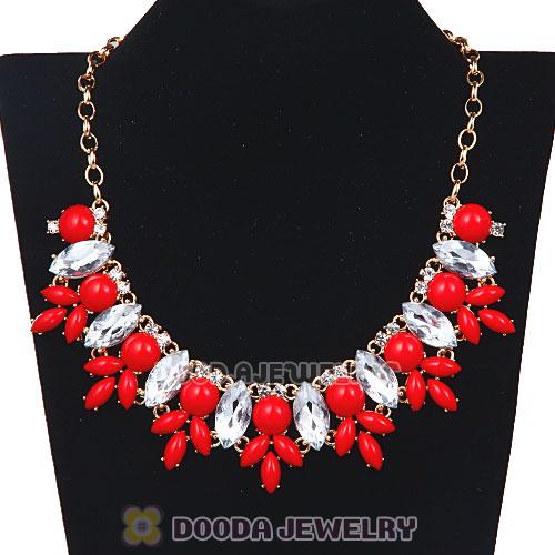 Red Resin Rhinestone Crystal Marquess Fleur Flower Choker Bib Necklaces Wholesale
