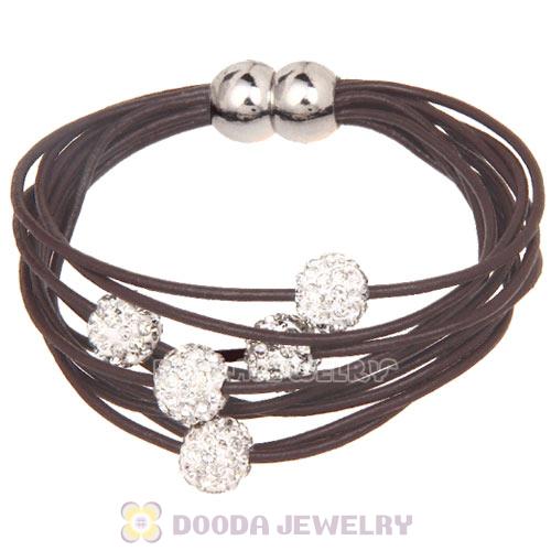 White Crystal Beads 19CM Mocha Leather Bracelet With Magnetic Clasp
