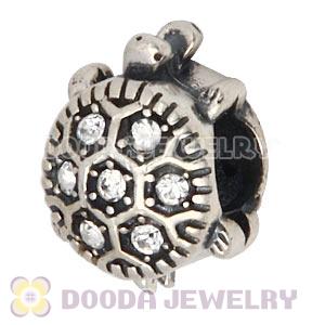 925 Sterling Silver European Turtle Charm Bead With Pave Clear Austrian Crystal