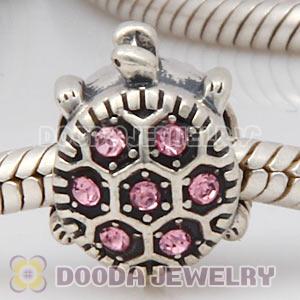 925 Sterling Silver European Turtle Charm Bead With Pave Light Rose Austrian Crystal