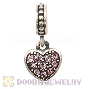 Sterling Silver European Light Amethyst Pave Heart Dangle With Light Amethyst Austrian Crystal
