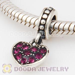 Sterling Silver European Amethyst Pave Heart Dangle With Amethyst Austrian Crystal