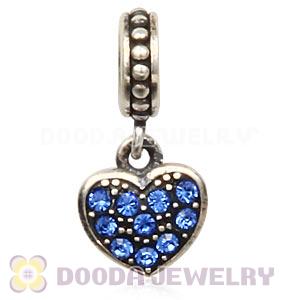 Sterling Silver European Sapphire Pave Heart Dangle With Sapphire Austrian Crystal