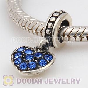 Sterling Silver European Sapphire Pave Heart Dangle With Sapphire Austrian Crystal