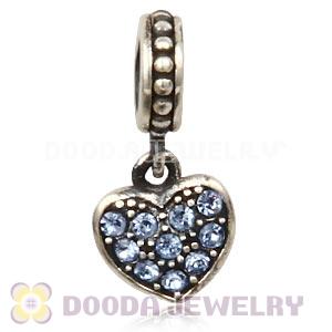 Sterling Silver European Light Sapphire Pave Heart Dangle With Light Sapphire Austrian Crystal