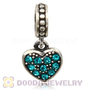 Sterling Silver European Blue Pave Heart Dangle With Blue Austrian Crystal