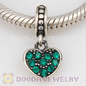 Sterling Silver European Emerald Pave Heart Dangle With Emerald Austrian Crystal