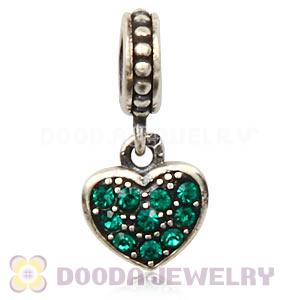 Sterling Silver European Emerald Pave Heart Dangle With Emerald Austrian Crystal