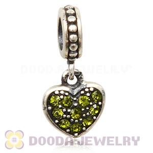 Sterling Silver European Olivine Pave Heart Dangle With Olivine Austrian Crystal