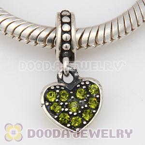 Sterling Silver European Olivine Pave Heart Dangle With Olivine Austrian Crystal