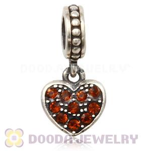 Sterling European Smoked Topaz Pave Heart Dangle With Smoked Topaz Austrian Crystal