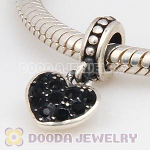 Sterling European Jet Pave Heart Dangle With Jet Austrian Crystal