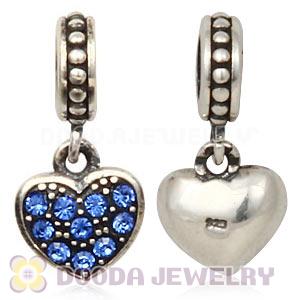 Sterling Silver European Sapphire Pave Heart Dangle With Sapphire Austrian Crystal